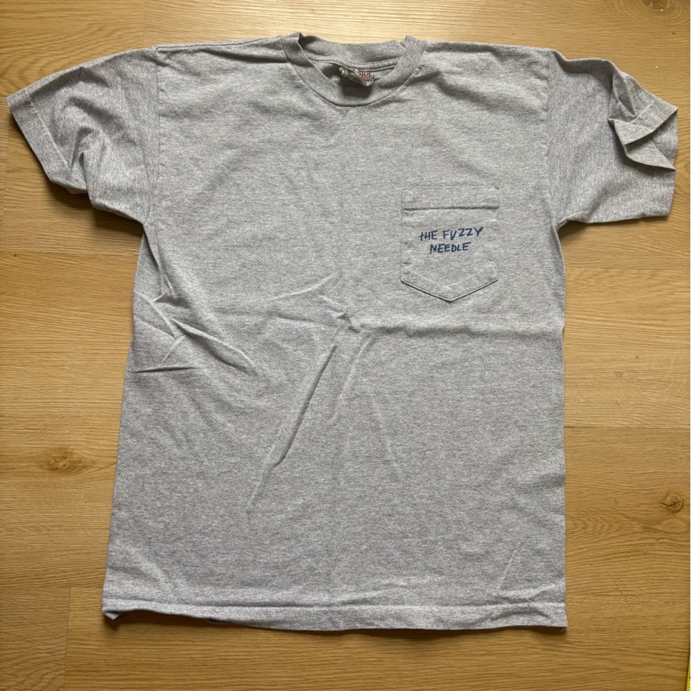 Gray Men's T-Shirt Fuzzy Needle Record Shop - Size Medium